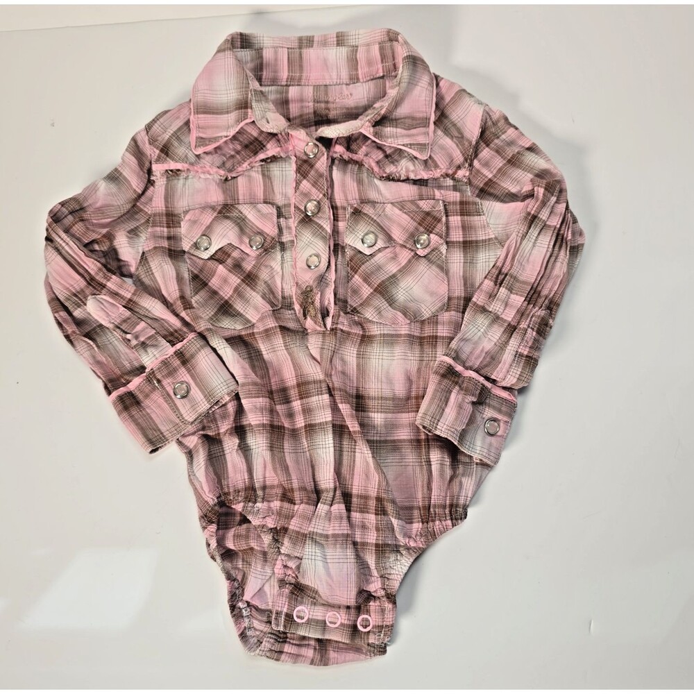 Vintage Wrangler Baby Western Pearl Snap Plaid Shirt One piec Pink Brown 6-12 Mo